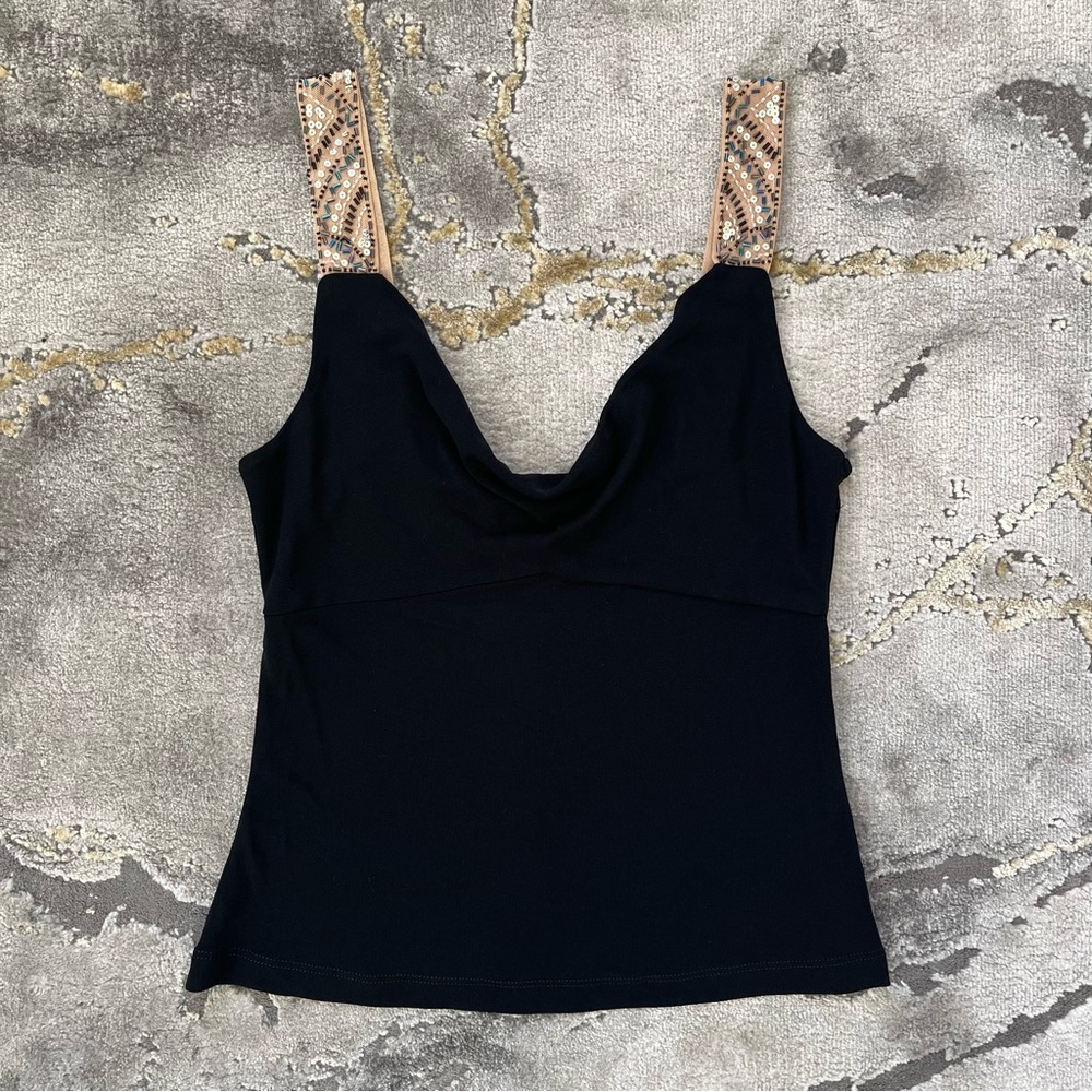 Rare vintage BCBG 90s black cowl neck tank top with nude beaded straps 🖤
